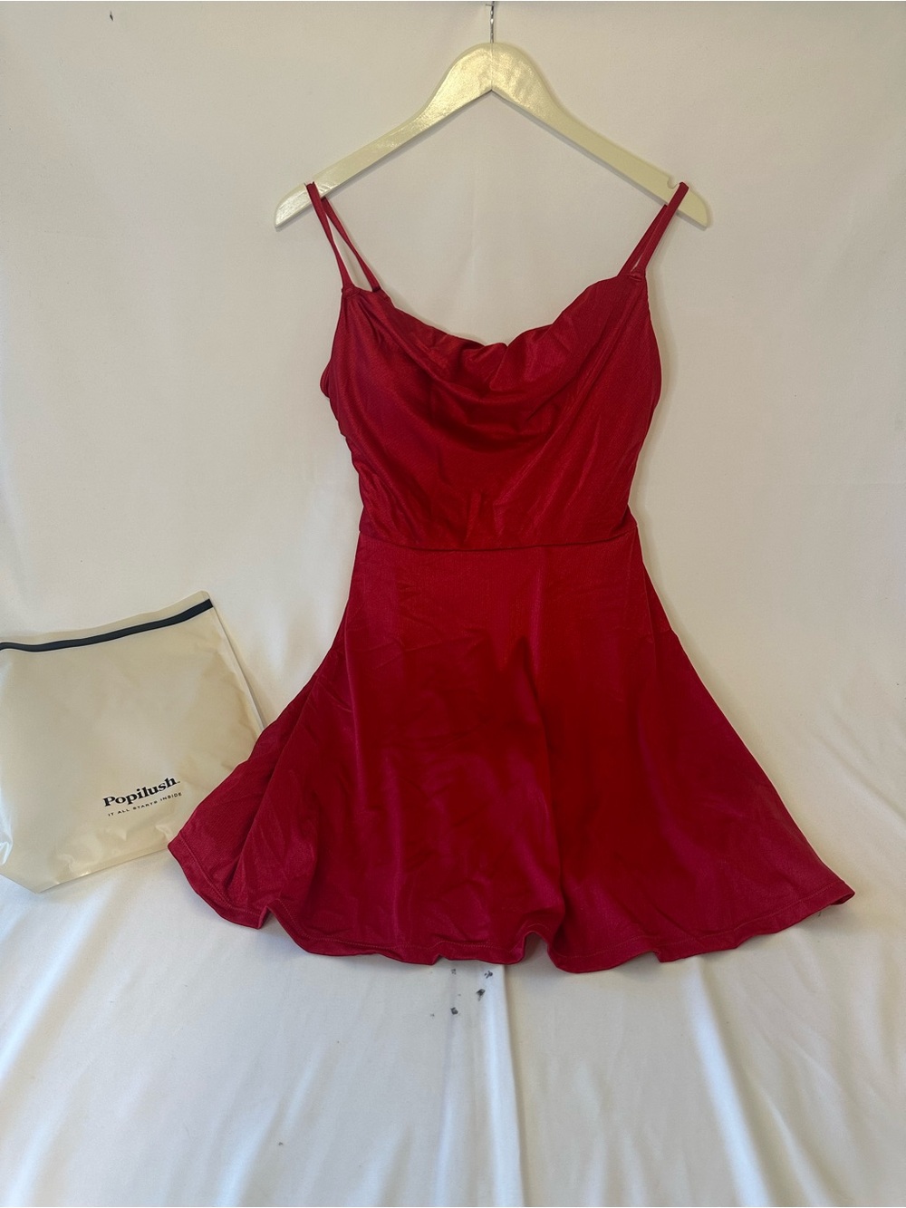 Popilush Women’s Red  Ruched Strappy  Mini Fit & Flare Dress built-in shorts